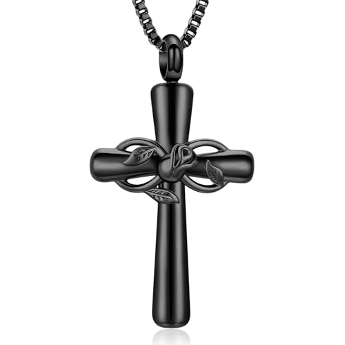 XSMZB Rose Flower Cross Cremation Jewelry for Ashes Human Pet Funeral Urn Pendant Cross Keepsake Ashes Necklace Memorial Gift - color: Black