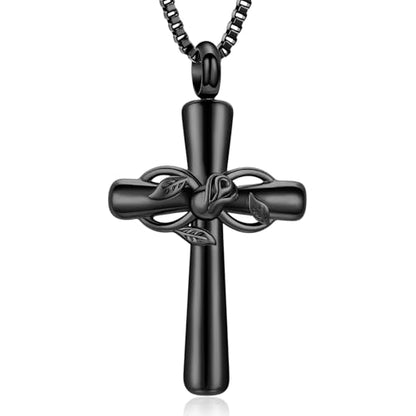 XSMZB Rose Flower Cross Cremation Jewelry for Ashes Human Pet Funeral Urn Pendant Cross Keepsake Ashes Necklace Memorial Gift - color: Black
