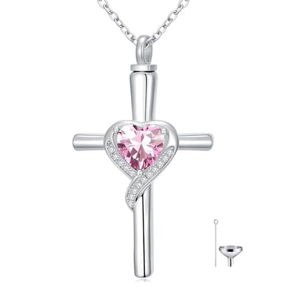 TOUPOP Cross Urn Necklaces for Ashes Birthstone Cremation Jewelry 925 Sterling Silver Cross Memorial Keepsake Funeral Jewelry for Women (with Funnel Filler) - color: 10-October-Pink Tourmaline