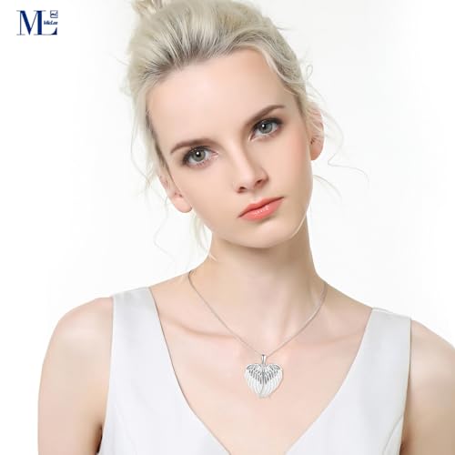 MicLee Women Photo Locket Necklace 925 Sterling Silver Heart Shape Feather Wings Pattern Picture Locket Necklace - color: Silver