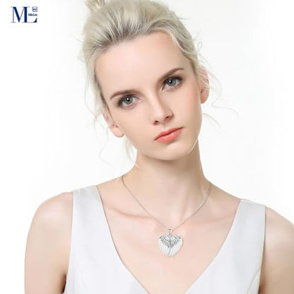 MicLee Women Photo Locket Necklace 925 Sterling Silver Heart Shape Feather Wings Pattern Picture Locket Necklace - color: Silver