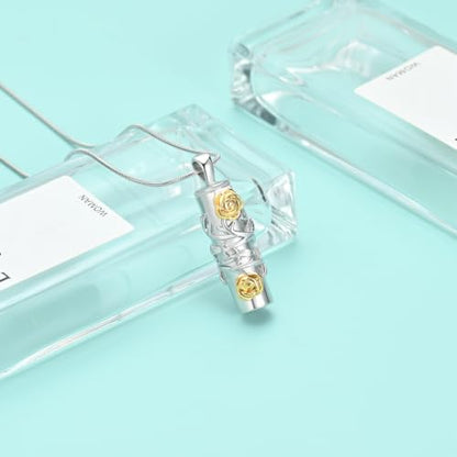 Cylinder Urn Necklace for Ashes Roseflower Cremation Jewelry Urn Ashes Necklace for Women Men Memorial Keepsake Necklace of Loved One - color: Silver-Gold