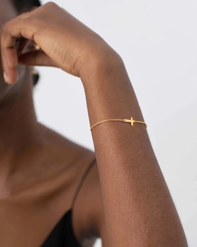 Moodear Cross Bracelet for Women, Dainty Sterling Silver/Gold Plated Gift | Christian Religious Gifts for Teen, Stocking Stuffers, Adjustable Link Bracelets, Sparkling CZ Cross, Non Tarnish Jewelry - color: Gold Cross Bracelet