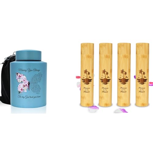 Small Cremation Urns and Set of 4 Small Bamboo Scattering Urns for Adult Male Female Human Ashes, Decorative Urn and Spreading Ashes Urn Tube with Velvet Bag(Butterfly)