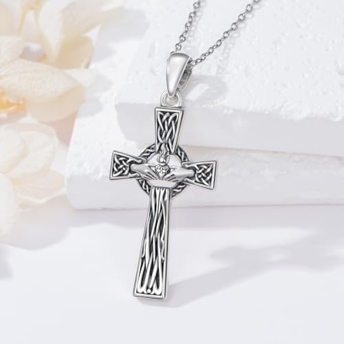 PROESS Cross Necklace for Women Men Sterling Silver Rose/Sunflower Cross Pendant Religious Jewelry Christmas Birthday Mothers' Day Gifts - color: 15-Hand & Heart