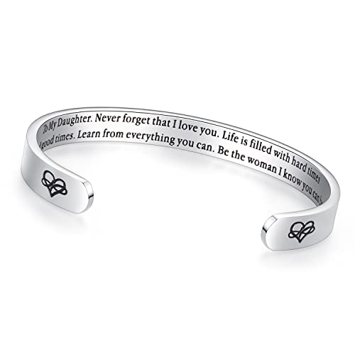 TONY & SANDY Inspirational Bracelets for Women Teen Girls Personalized Gifts for Daughter Granddaughter Mom Sister Friends Stainless Steel Engraved Cuff Birthday Easter Christmas - style: A - Daughter Gifts - Never forget that I love you...Be the woman I