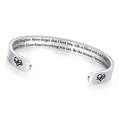TONY & SANDY Inspirational Bracelets for Women Teen Girls Personalized Gifts for Daughter Granddaughter Mom Sister Friends Stainless Steel Engraved Cuff Birthday Easter Christmas - style: A - Daughter Gifts - Never forget that I love you...Be the woman I