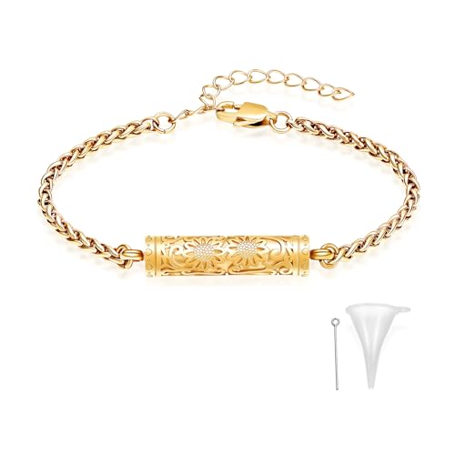 constantlife Cremation Bracelet for Ashes for Women Stainless Steel Sunflower Cylinder Urn Adjustable Link Bangle Memorial Jewelry Loved Ones Ashes Holder Keepsake - color: Golden