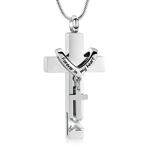 Forever in My Heart Birthstone Personalized Double Cross Urn Pendant Cremation Jewelry for Ashes Cross Ashes Keepsake - color: Silver-White