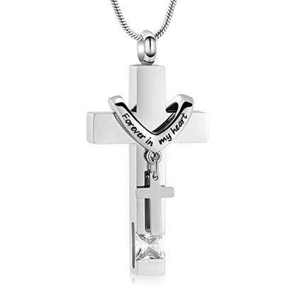 Forever in My Heart Birthstone Personalized Double Cross Urn Pendant Cremation Jewelry for Ashes Cross Ashes Keepsake - color: Silver-White