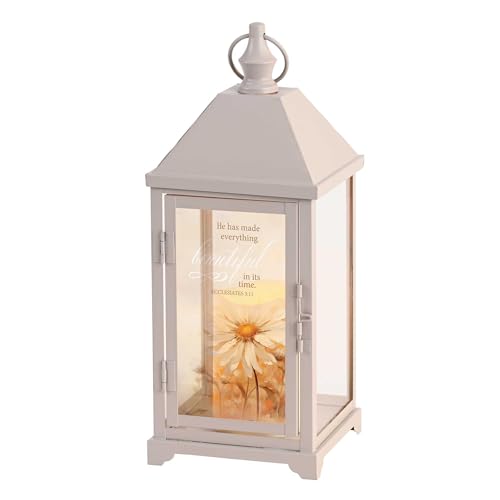 Magnolia Garden 14 Inch White Metal Traditional Lantern – LED Candle Home Decor –He Has Made Everything Beautiful in Its Time - size: 5.25 x 5.25 x 14, style: He Has Made Everything