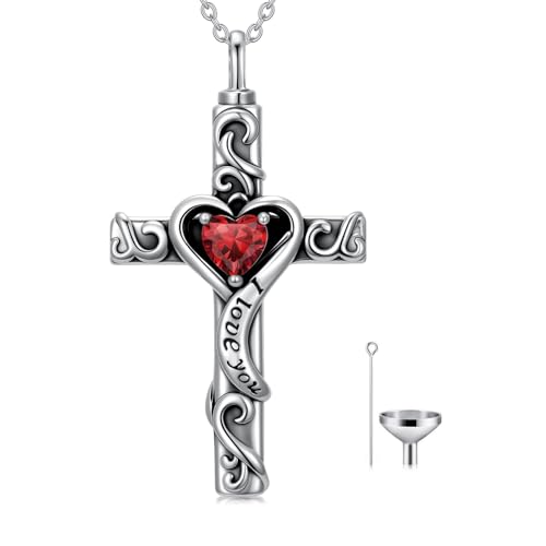 TOUPOP Cross Urn Necklaces for Ashes Birthstone Cremation Jewelry 925 Sterling Silver Cross Memorial Keepsake Jewelry for Women (with Funnel Filler) - color: 01-January-Garnet