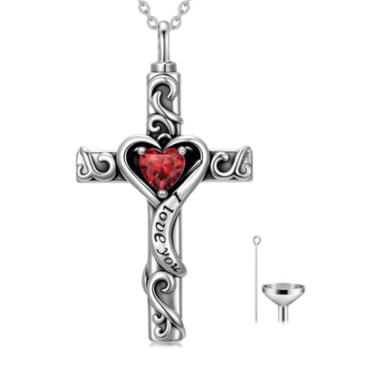 TOUPOP Cross Urn Necklaces for Ashes Birthstone Cremation Jewelry 925 Sterling Silver Cross Memorial Keepsake Jewelry for Women (with Funnel Filler) - color: 01-January-Garnet