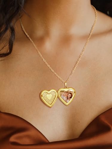 FindChic Locket Necklace for Women Custom Photo Memorial Gifts Multi-Shaped - color: Gold-Heart to Heart