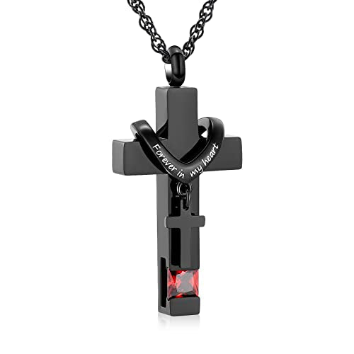 shajwo Cross Urn Necklace for Ashes Birthstone Rose Flower Cremation Jewelry for Women Gilrs Keepsake Memorial Ashes Pendant - color: A-Red
