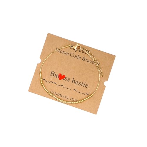 JoycuFF Inspirational Morse Code Bracelets for Women Silver Beads Jewelry Encouragement Mantra Gifts for Her - style: Gold B***s Bestie