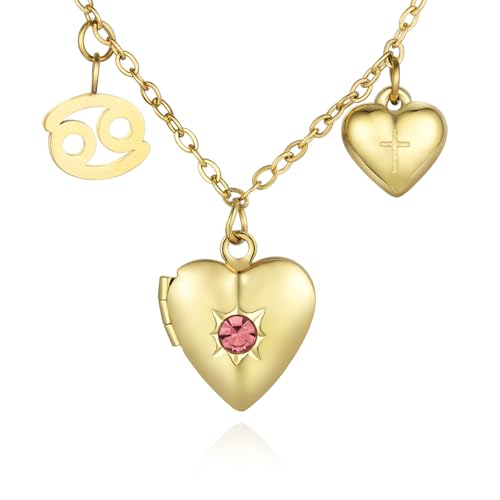 18K Gold Photo Lockets that Hold Picture,Heart Locket Necklace,Zodiac Symbol with Cross Heart Pendant,Locket Necklace for Women,Chain 20 Inch,Perfect Christmas Thanksgiving Gift for Her - color: Cancer (22/6-22/7)