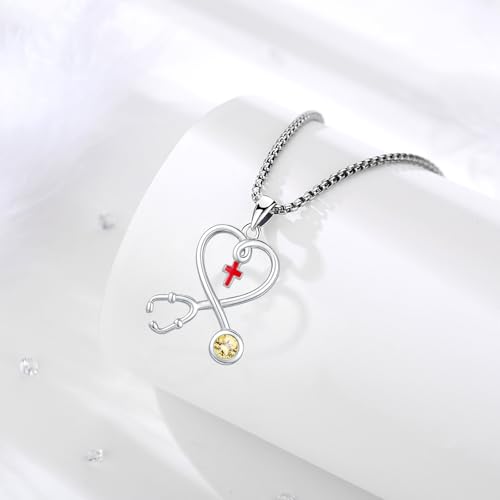 Angel Wings Necklace 925 Sterling Silver Guardian Angel Nurse RN Caduceus Pendant Charm Crystal Angel Jewelry Gifts for Women - style: H-Stethoscope-11-Nov.-Citrine