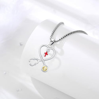 Angel Wings Necklace 925 Sterling Silver Guardian Angel Nurse RN Caduceus Pendant Charm Crystal Angel Jewelry Gifts for Women - style: H-Stethoscope-11-Nov.-Citrine