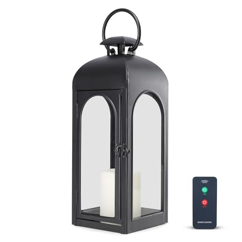 Bdor 16 Inch Black Metal Christmas Lantern with Remote LED Candle and Timer | Removable pinecone and holly greenery, flameless LED candles, remote control, 6-hour timer, tabletop or porch decor