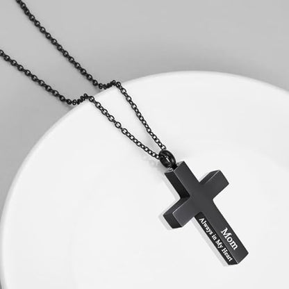 Cross Urn Necklace for Ashes for Men Women Cremation Jewelry Urns Locket Pendant Ashes Holder Memorial Jewelry-Always in My Heart - color: Black Mom