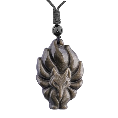 ASGIFT Black Obsidian Necklace Healing Crystal Stone Amulet Protection Pendant with Adjustable Rope Necklace Birthday Christmas Gift for Men Women - color: FoxC Gold Obsidian