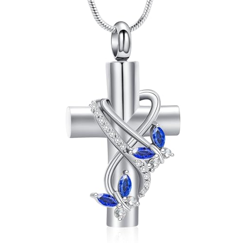 Cross Cremation Jewelry Butterfly Urn Necklace for Human Ashes for Women Men Memorial Ashes Keepsake Birthstone Pendant - color: Silver-Dark Blue