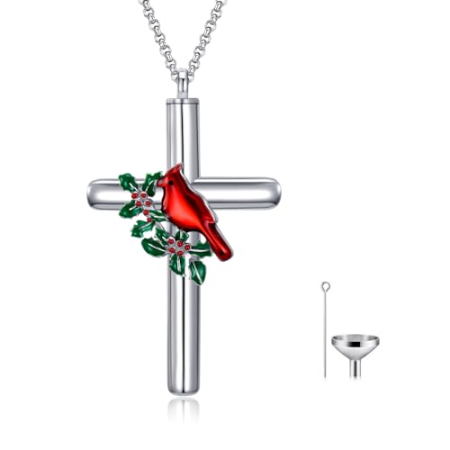 Cross Urn Necklace for Ashes 925 Sterling Silver Cremation Jewelry with Funnel Filler Kit Ashes Necklace for Human Women Girl Pets - color: Cardinal, style: Non-personalized