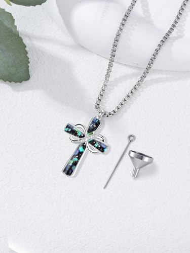 Turquoise Cross Urn Necklaces for Human Ashes 925 Sterling Silver Urn Necklaces Cremation Keepsake Memorial Pendant Necklace for Ashes for Loved One Human Pet - style: Infinity-Abalone Shell