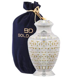 BOLD & DIVINE Cremation Urn for Human Ashes Adult Brass Funeral Urn |Metal Hand Engraving Large Urn | for Adults Display Burial at Home or in Niche at Columbarium (Silvery Shine/Golden Flower) - color: Silvery Shine / Golden Flower