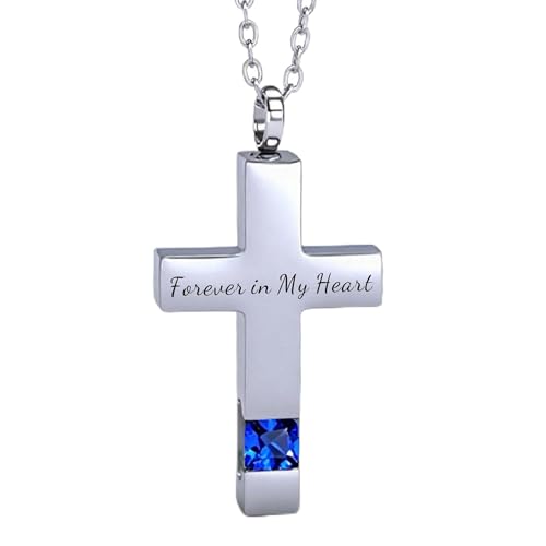 Cross Urn Necklace for Ashes Birthstone Cremation Jewelry Keepsake Pendant for Women Men with Funnel Filler Kit Memorial Gifts for Human Pet Forever in my heart - color: Silver Blue