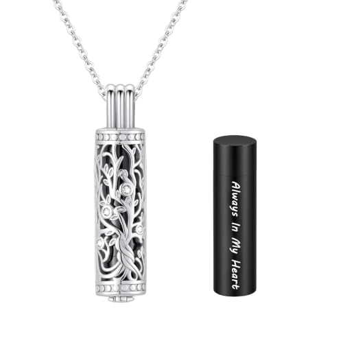 Cylinder Tree of Life Urn Necklace for Ashes Cremation Jewelry Vial Pendant for Women Men Memorial Keepsake for Loved Ones - Always In My Heart - color: Silver-Black-Always In My Heart