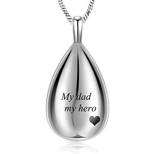 Yinplsmemory Carved Teardrop Keepsake Ashes Necklace Urn Pendant Cremation Memorial Jewelry-Always in my heart - color: Silver-My dad my hero