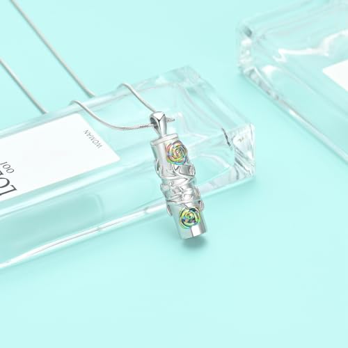 Cylinder Urn Necklace for Ashes Roseflower Cremation Jewelry Urn Ashes Necklace for Women Men Memorial Keepsake Necklace of Loved One - color: Silver-Rainbow