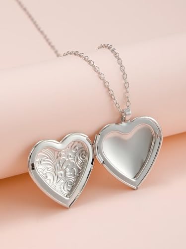 DIY Heart Locket Necklace with Engraved Floral Design, Openable Photo Frame Pendant for Women, Adjustable Chain for Layering（Silve） - color: Silver