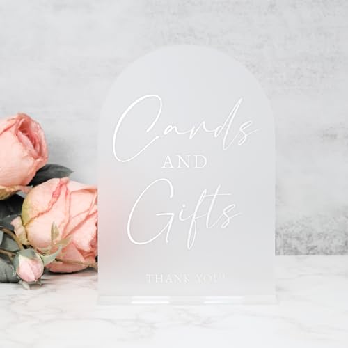 Cards and Gifts Sign with Stand- 5"x7" Frosted Arch Acrylic Wedding Sign and Base,1/8" Thick | Modern Calligraphy White Lettering Arch Acrylic Sign for Wedding Reception - style: Cards and Gifts