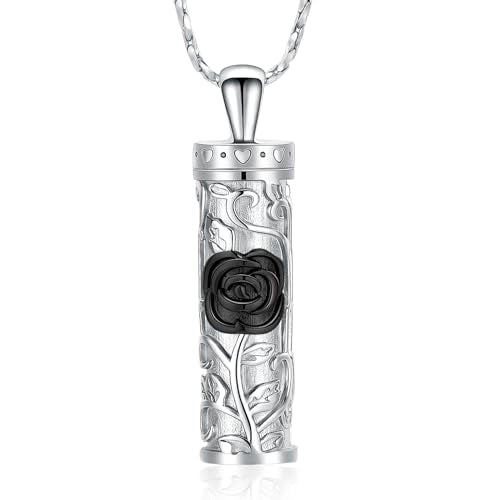 Rose Flower Urn Necklace Cylinder Bar Urn Necklace for Ashes Pendant Necklace Keepsake for Ashes Memory Keepsake Cremation Jewelry for Women Memorial - color: Roseflower-Silver black