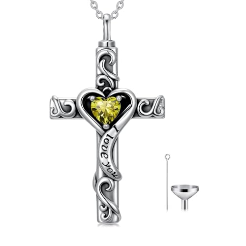 TOUPOP Cross Urn Necklaces for Ashes Birthstone Cremation Jewelry 925 Sterling Silver Cross Memorial Keepsake Jewelry for Women (with Funnel Filler) - color: 08-August-Peridot