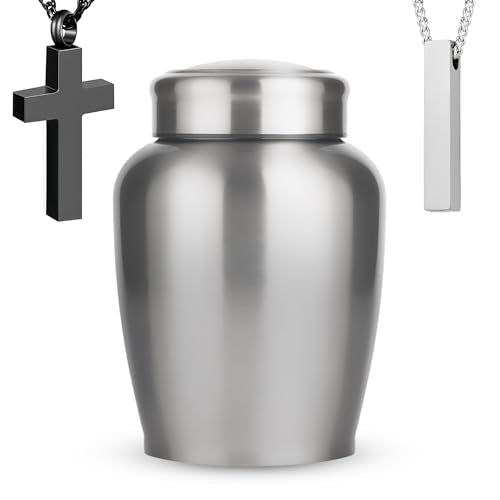 Stainless Steel Silver Urn for Ashes Adult Male & Female, Cremation urns for Human Ashes Man & Women, Set of 3 Includes 1 Large Urn & 1 Silver & Black Cross Necklace - color: Stainless Steel Urn - Single Urn