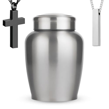 Stainless Steel Silver Urn for Ashes Adult Male & Female, Cremation urns for Human Ashes Man & Women, Set of 3 Includes 1 Large Urn & 1 Silver & Black Cross Necklace - color: Stainless Steel Urn - Single Urn