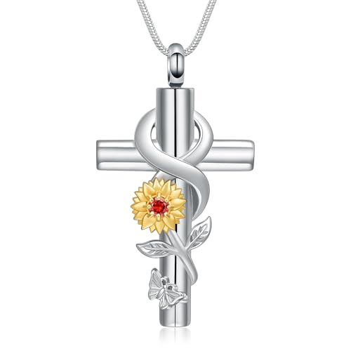 Cross Sunflower Cremation Jewelry Urn Necklaces Cross Urn Pendant Necklaces for Ashes Memorial Keepsake Pendant for Women Men Gifts With Funnel Kit & Bag - color: Gold+Red