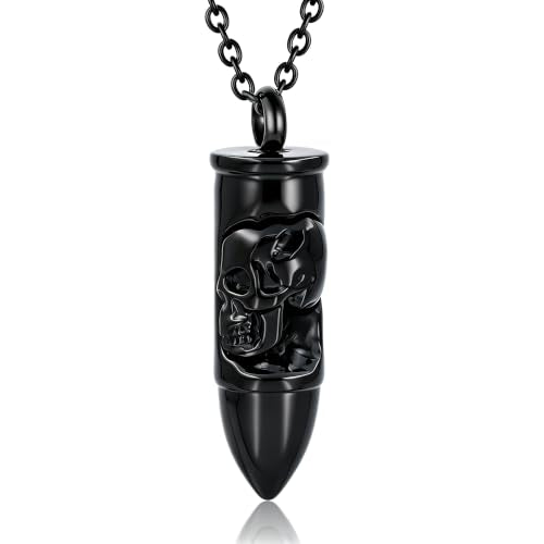 SIYUU Skull Bullet Urn Necklace for Ashes Stainless Steel Punk Cremation Keepsake Jewelry for Men Skeleton Bullet Urn Pendant Necklace Personalized Gothic Skull Bullet Memorial Jewelry - color: Black
