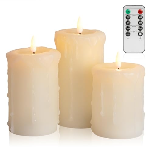 Flickering Flameless Candles with Remote, LED Drip Candles for Home Decor | Realistic Battery Operated Candles, 3 Pack Fake Pillar Candles Set for Mantel, Christmas Decor - color: Ivory(Dripping)