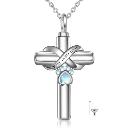 Cross Pet Urn Necklace Sterling Silver Infinity Pet Ashes Pendant - color: Silver-Dog. Moonstone