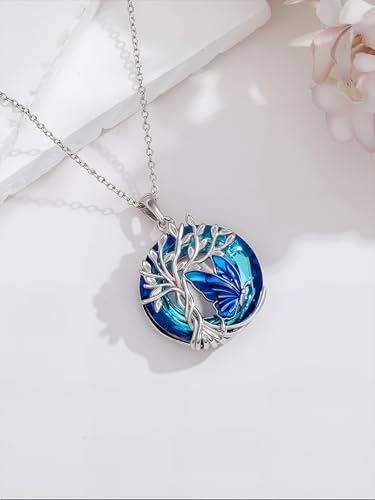 TOUPOP Butterfly Necklace for Women 925 Sterling Silver Tree of Life Butterflies Dragonfly Hummingbird Pendant Necklaces Crystal Jewelry Anniversary Christmas Birthday Gift for Her - color: Butterfly Blue