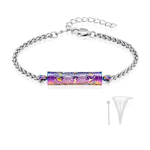 constantlife Cremation Bracelet for Ashes for Women Stainless Steel Sunflower Cylinder Urn Adjustable Link Bangle Memorial Jewelry Loved Ones Ashes Holder Keepsake - color: Colorful