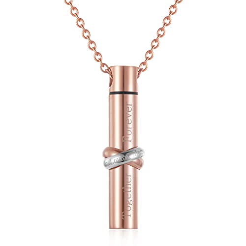 Cylinder Cremation Jewelry for Ashes, Engraved in Loving Memory and Together Forever Memorial Urn Necklace for Women Men Keepsake Pendant Gift - color: Rose Gold