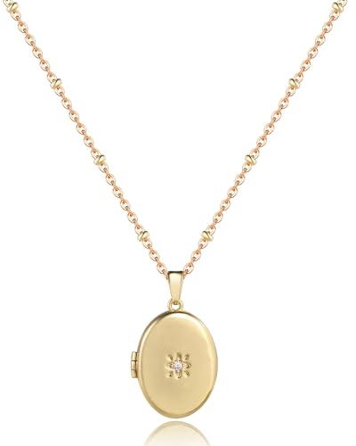 YOUFENG Love Heart Flower Locket Necklace that Holds Pictures Photo Locket Birthday Gifts - style: Oval Zircon Locket