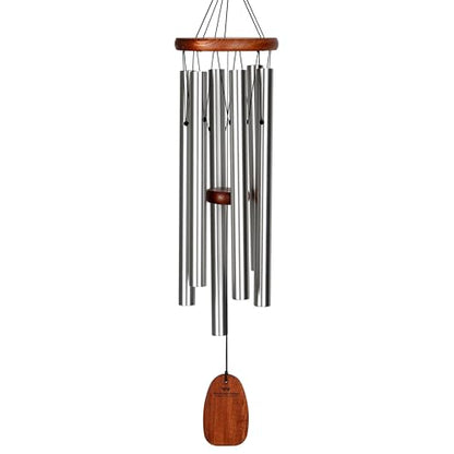 Woodstock Chimes of Comfort 24" Memorial Wind Chimes for Outdoor & Garden, Tuned to Amazing Grace, Sympathy Gift Silver Aluminum Tubes, Teak Wood Finish (WCOC)