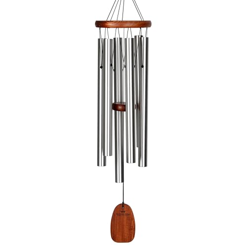 Woodstock Chimes of Comfort 24" Memorial Wind Chimes for Outdoor & Garden, Tuned to Amazing Grace, Sympathy Gift Silver Aluminum Tubes, Teak Wood Finish (WCOC)